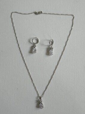 925 Sterling Silver CZ Bow Teardrop Necklace Earrings Set Pear Cut Bridal